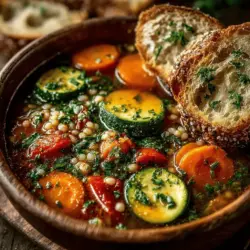 - 1 cup pearl barley - 1 tablespoon olive oil - 1 medium onion, diced - 2 cloves garlic, minced - 2 carrots, diced - 2 stalks celery, diced - 1 medium zucchini, diced - 1 red bell pepper, diced - 2 cups fresh spinach, chopped - 1 teaspoon dried thyme - 1 teaspoon dried oregano - 6 cups vegetable broth - 1 can (14.5 ounces) diced tomatoes - Salt and pepper to taste