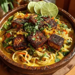 - 8 oz rice noodles - 1 block (14 oz) firm tofu - 1 can (13.5 oz) coconut milk - 2 tablespoons red curry paste - 1 tablespoon vegetable oil - 1 cup broccoli florets - 1 cup bell peppers, sliced - 1 cup snap peas - 2 cloves garlic, minced - 1 tablespoon fresh ginger, grated - Salt to taste - Fresh cilantro for garnish (optional) - Lime wedges for serving (optional)