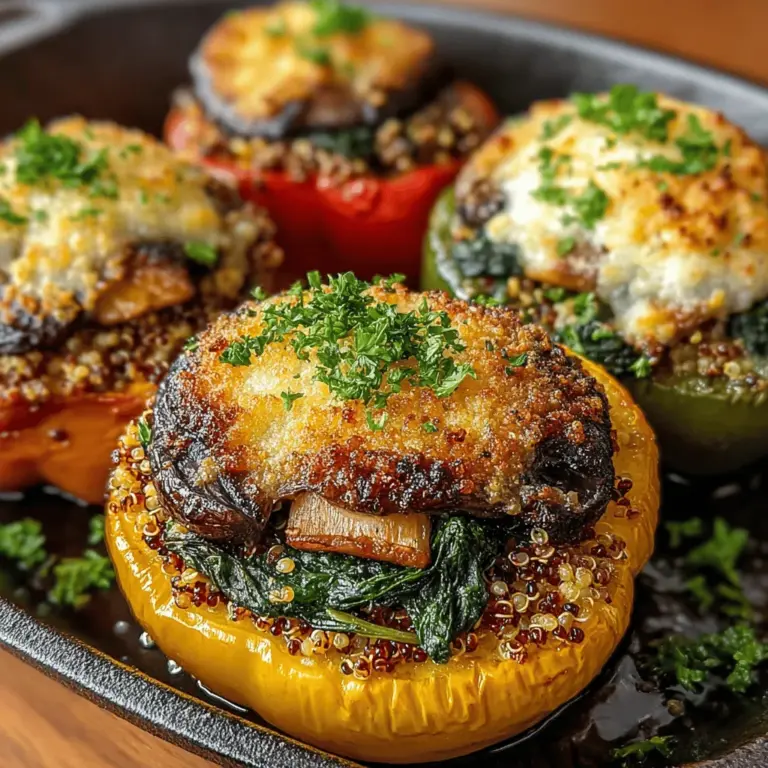 - 4 large bell peppers (any color) - 1 cup quinoa, rinsed - 2 cups vegetable broth or water - 1 cup mushrooms, finely chopped (button or cremini) - 2 cups fresh spinach, chopped - 1 medium onion, diced - 2 cloves garlic, minced - 1 teaspoon olive oil - 1 teaspoon dried oregano - 1/2 teaspoon salt - 1/4 teaspoon black pepper - 1/2 cup feta cheese or grated Parmesan (optional) - Fresh parsley for garnish (optional)