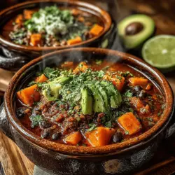 - 2 medium sweet potatoes, peeled and diced - 2 cans (15 oz each) black beans, drained and rinsed - 1 can (28 oz) diced tomatoes, undrained - 1 medium onion, chopped - 3 cloves garlic, minced - 1 bell pepper, chopped (any color) - 2 cups vegetable broth - 2 teaspoons chili powder - 1 teaspoon ground cumin - 1 teaspoon smoked paprika - ½ teaspoon cayenne pepper (or to taste) - Salt and pepper to taste - Optional toppings: avocado, cilantro, lime wedges, or shredded cheese