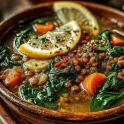 - 1 cup green or brown lentils, rinsed and drained - 1 medium onion, diced - 2 cloves garlic, minced - 2 medium carrots, diced - 2 celery stalks, diced - 1 can (14.5 oz) diced tomatoes, undrained - 4 cups vegetable broth - 4 cups fresh spinach, chopped - 1 teaspoon ground cumin - 1 teaspoon smoked paprika - 1 teaspoon dried thyme - 2 bay leaves - Salt and pepper to taste - 2 tablespoons olive oil - Optional: Lemon wedges for serving