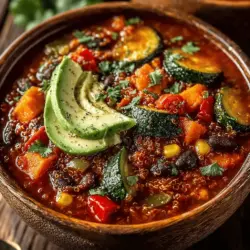 - 1 cup quinoa, rinsed - 1 can (15 oz) black beans, drained and rinsed - 1 can (15 oz) kidney beans, drained and rinsed - 1 can (15 oz) diced tomatoes - 1 cup vegetable broth - 1 medium onion, diced - 3 cloves garlic, minced - 1 bell pepper, diced - 2 carrots, diced - 1 zucchini, diced - 1 tablespoon chili powder - 1 teaspoon cumin - 1 teaspoon smoked paprika - Salt and pepper to taste - 1 tablespoon olive oil - Fresh cilantro for garnish (optional)