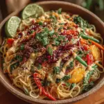 The Thai-inspired Peanut Noodle Bowl is a delightful fusion of flavors and textures, perfect for those seeking a quick yet satisfying meal. This dish brings together the rich, creamy goodness of peanut sauce and the freshness of vibrant vegetables, making it a go-to option for busy weeknights or elegant gatherings. Packed with nutrients, this bowl is not only delicious but also a wholesome choice that caters to a variety of dietary needs. The combination of tender rice noodles, crunchy veggies, and a savory-sweet sauce creates a harmonious balance that is sure to please everyone at the table.