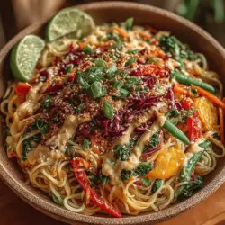 The Thai-inspired Peanut Noodle Bowl is a delightful fusion of flavors and textures, perfect for those seeking a quick yet satisfying meal. This dish brings together the rich, creamy goodness of peanut sauce and the freshness of vibrant vegetables, making it a go-to option for busy weeknights or elegant gatherings. Packed with nutrients, this bowl is not only delicious but also a wholesome choice that caters to a variety of dietary needs. The combination of tender rice noodles, crunchy veggies, and a savory-sweet sauce creates a harmonious balance that is sure to please everyone at the table.