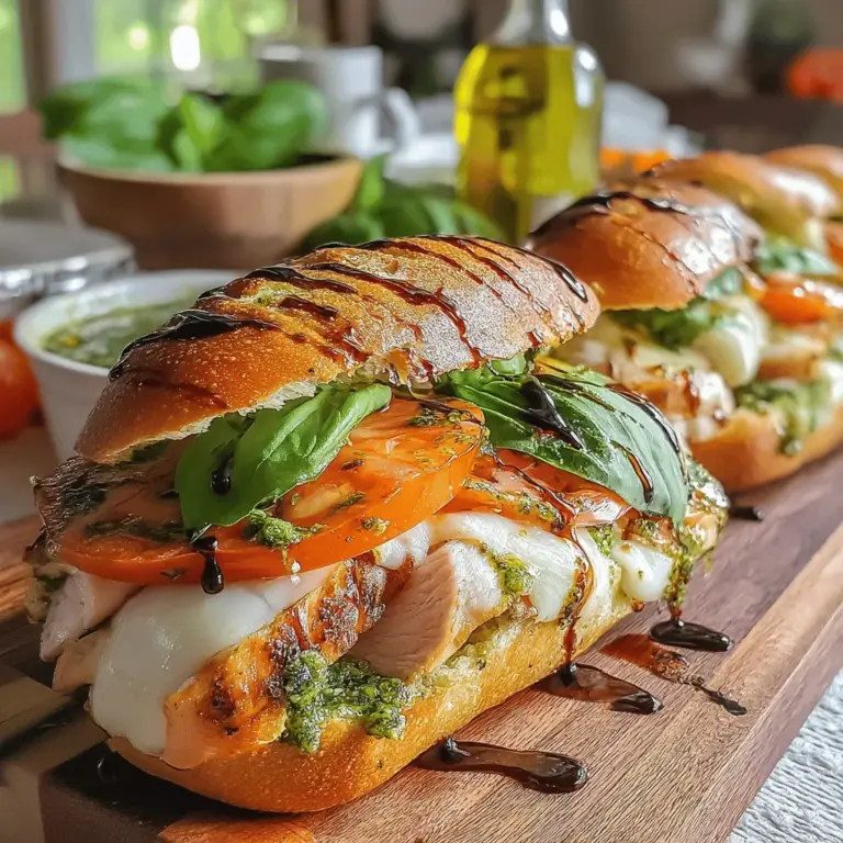 The Caprese sandwich is a delightful homage to the traditional Italian Caprese salad, combining fresh ingredients that celebrate the rich flavors of Italy. This sandwich elevates the classic salad by incorporating juicy chicken and vibrant basil pesto, creating a harmonious blend that is both satisfying and refreshing.