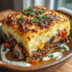 - 1 cup green or brown lentils, rinsed - 2 cups vegetable broth - 1 tablespoon olive oil - 1 onion, finely chopped - 2 cloves garlic, minced - 2 carrots, diced - 1 celery stalk, diced - 1 cup frozen peas - 1 teaspoon dried thyme - 1 teaspoon dried rosemary - Salt and pepper to taste - 4 medium-sized potatoes, peeled and cubed - 1/4 cup unsweetened plant-based milk (optional) - 2 tablespoons vegan butter or olive oil (for mashed potatoes) - Fresh parsley, chopped (for garnish)