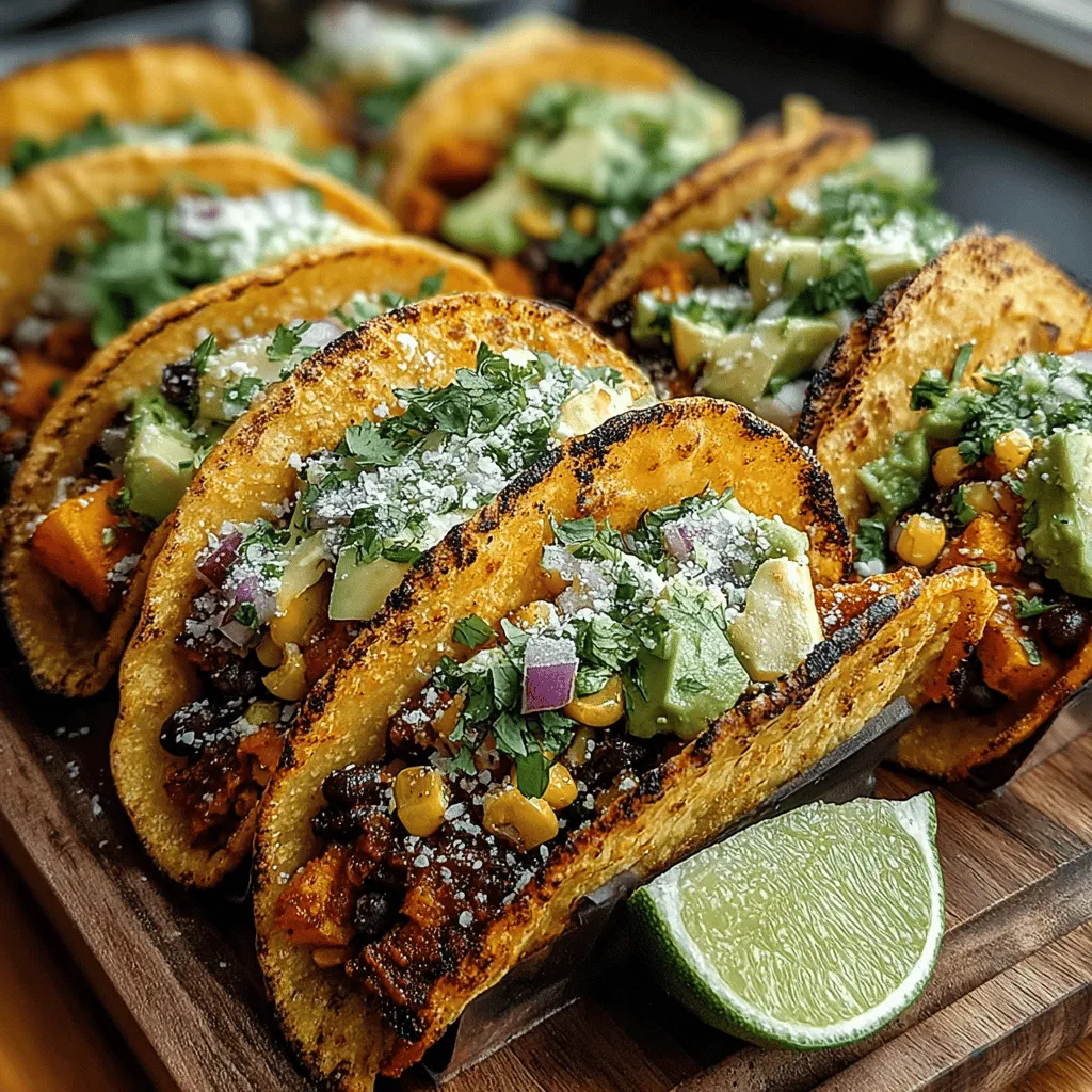 - 2 medium sweet potatoes, peeled and diced - 1 can (15 oz) black beans, rinsed and drained - 1 cup corn (fresh, frozen, or canned) - 1 tablespoon olive oil - 1 teaspoon cumin - 1 teaspoon smoked paprika - 1 teaspoon chili powder - Salt and pepper to taste - 8 small corn tortillas - Fresh cilantro, chopped (for garnish) - Lime wedges (for serving)
