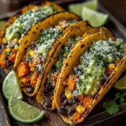 - 2 medium sweet potatoes, peeled and diced - 1 can (15 oz) black beans, rinsed and drained - 1 cup corn (fresh, frozen, or canned) - 1 tablespoon olive oil - 1 teaspoon cumin - 1 teaspoon smoked paprika - 1 teaspoon chili powder - Salt and pepper to taste - 8 small corn tortillas - Fresh cilantro, chopped (for garnish) - Lime wedges (for serving)